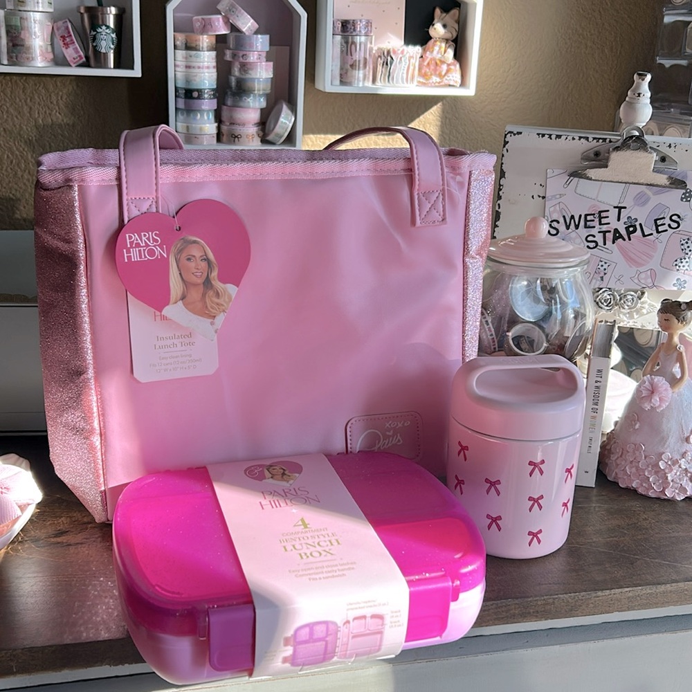 🎀 Bundle Paris Hilton Glitter Insulated Lunch Tote Bag Bento Box Jar 🎀✨